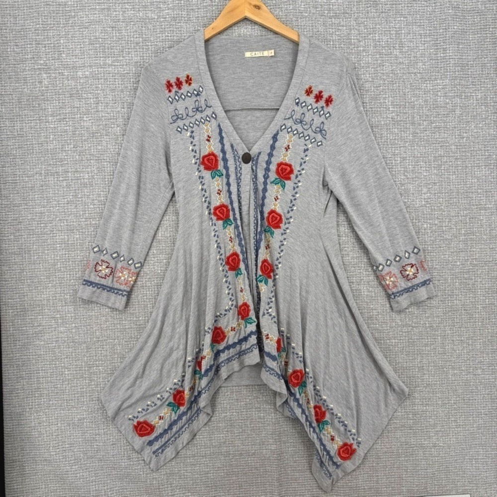 Caite Cardigan Sweater Sz S Gray Floral Embroidered Flowy Boho Lightweight West